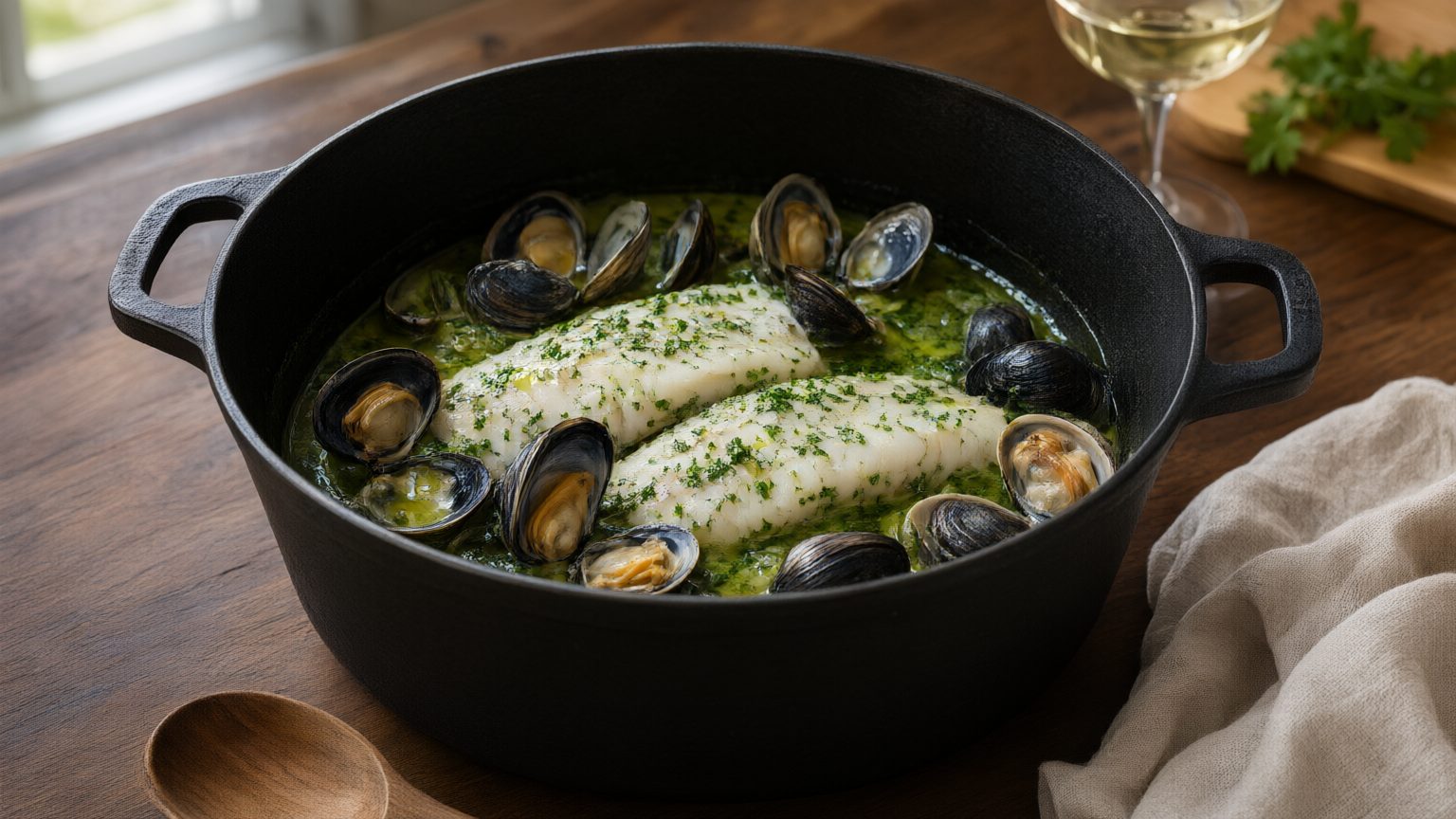 Merluza en salsa verde en cocotte