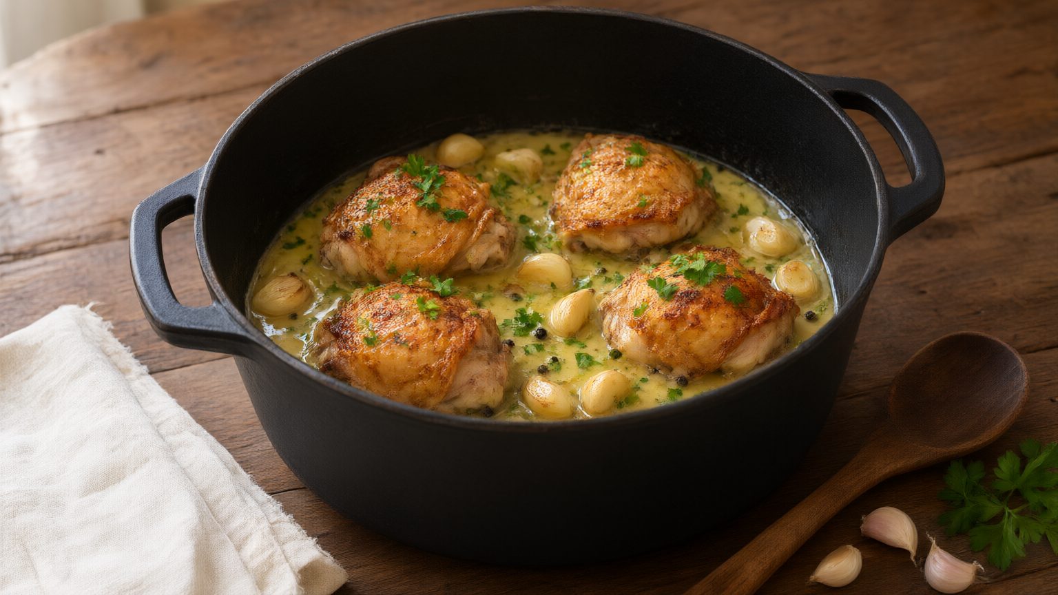 Pollo al ajillo en cocotte